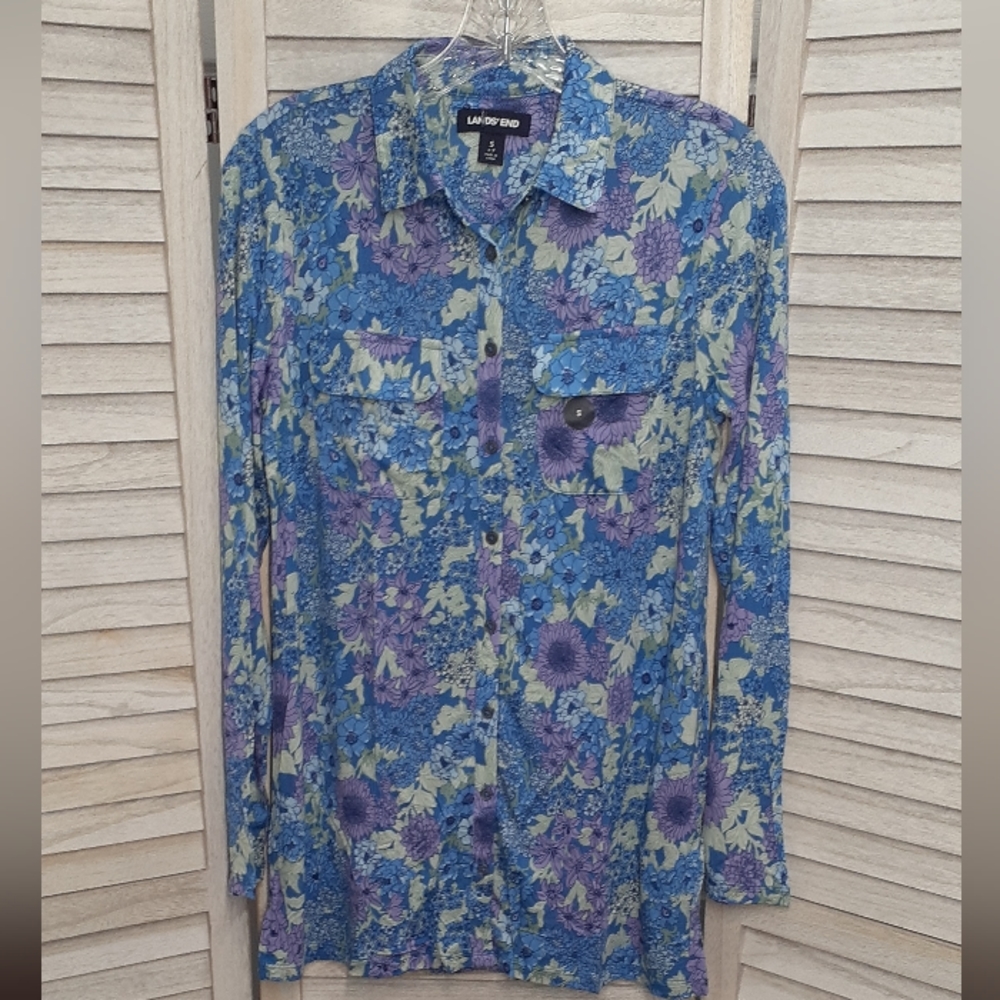 Women's Long Sleeve Button Down Tunic Sunwash Blue Floral